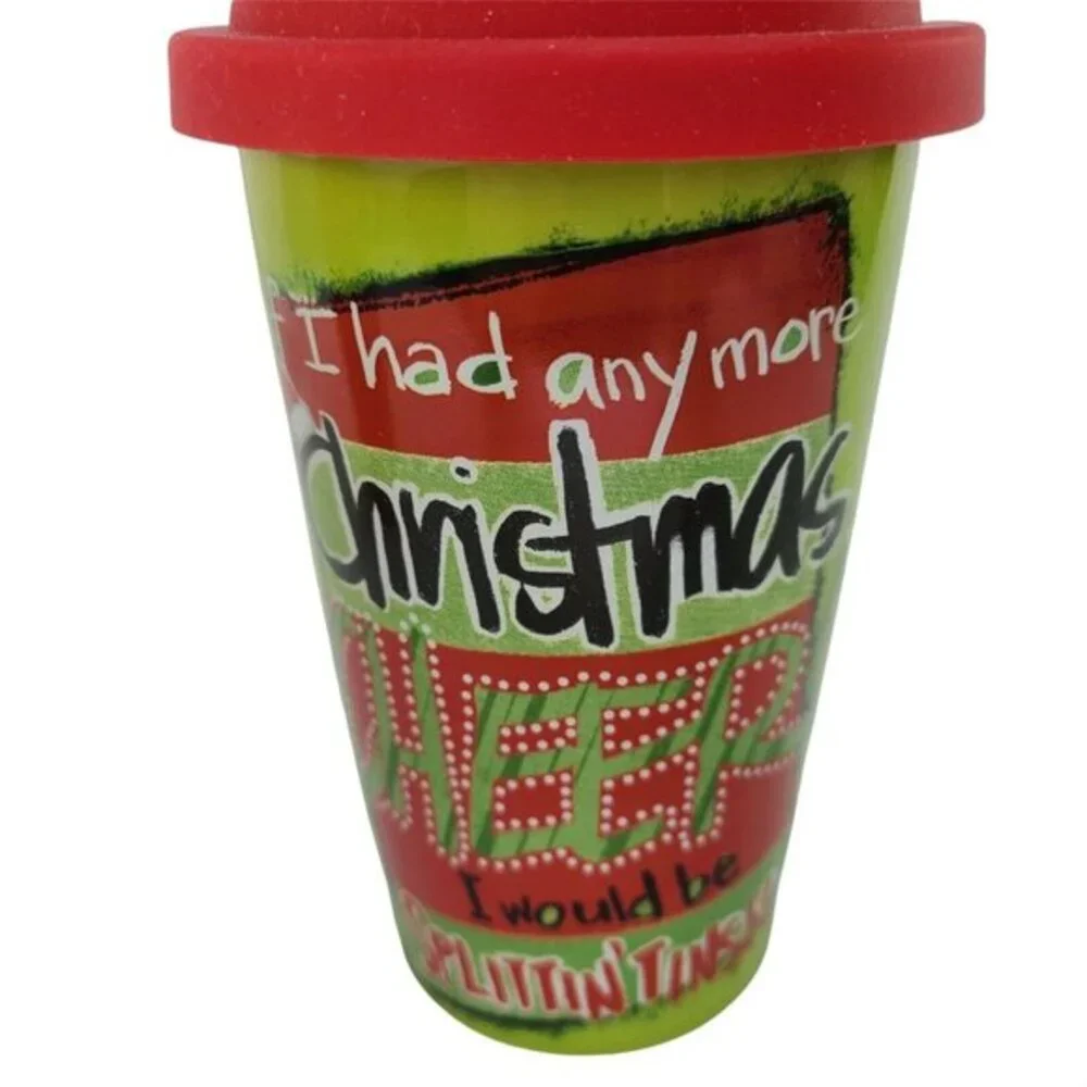 Christmas Saying Travel Mugs Tumbler Set‎ 2 Ceramic Silicone Lid Coffee Tea New